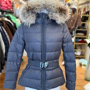 Moncler Belted Fur-Trim Down Jacket-Charcoal Grey Size 2